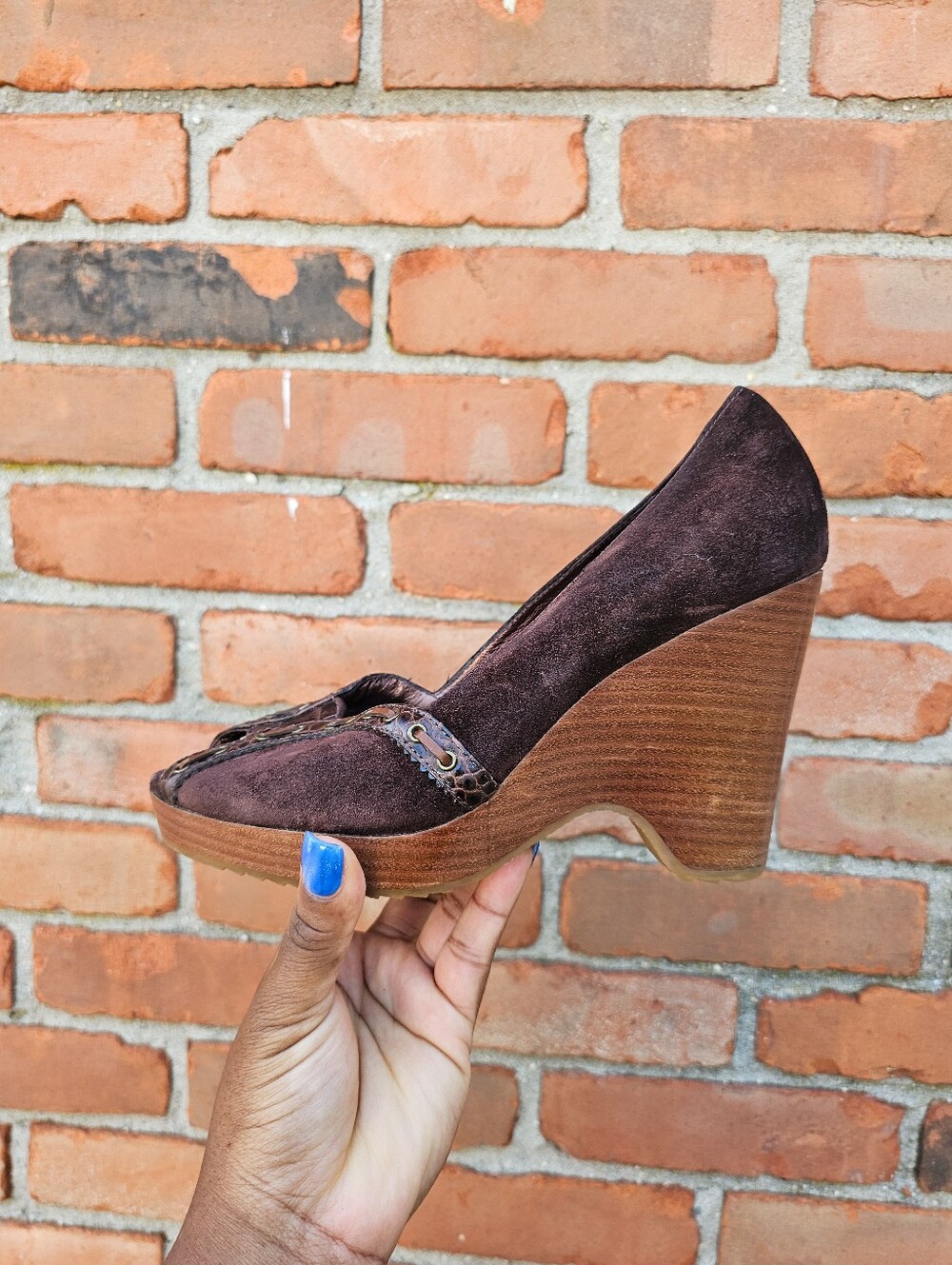 Cole Haan Chocolate Brown Suede Leather Peep Toe Wedge Heels Size 8B